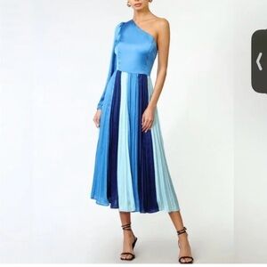 Adelyn Rae One Shoulder Pleated Midi Dress Blue Colorblock NWT Small Cocktail